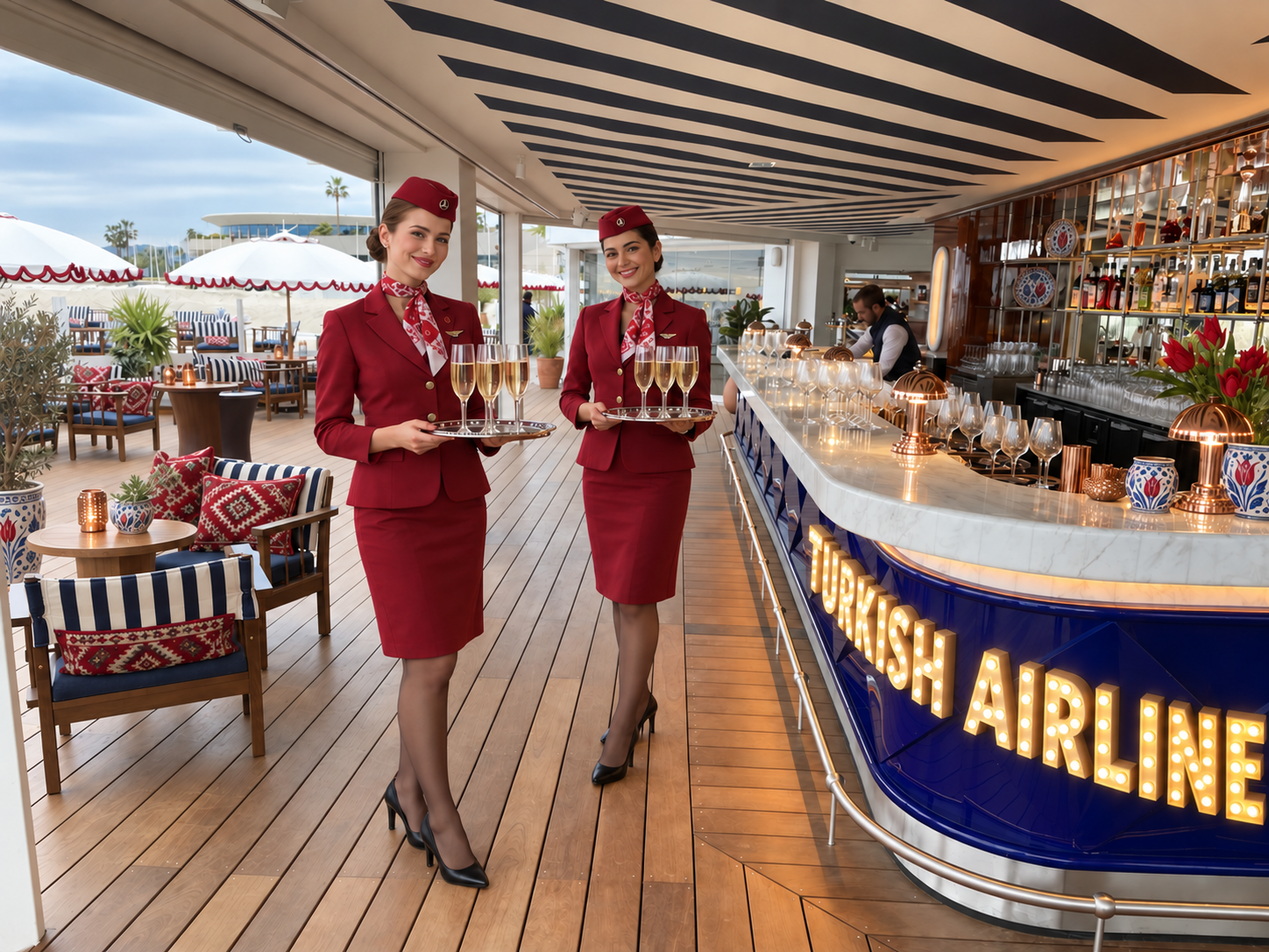 Event concept with Turkish Airline marquee lights on the bar and hostesses with champagne trays