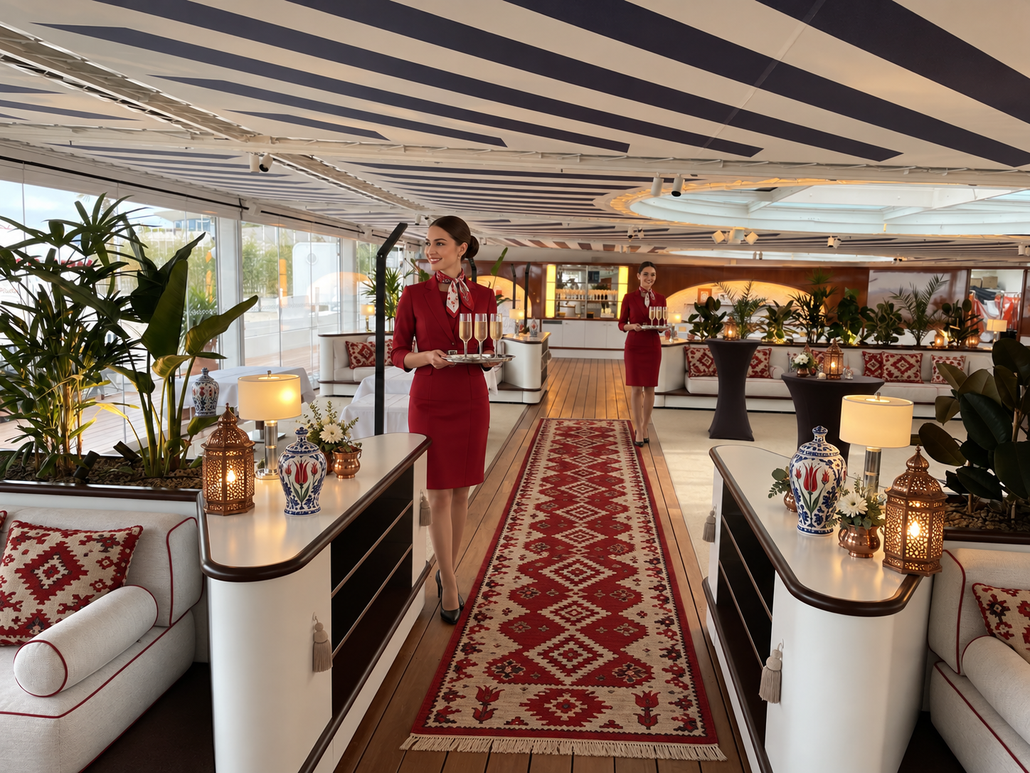 Event concept with Turkish textiles and ceramics, and hostesses serving champagne in the Cannes lounge
